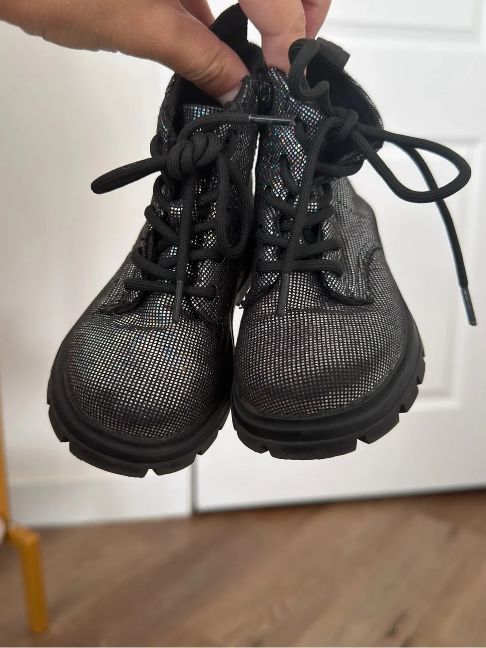 Zara Holographic Disco Black Lace-Up Combat Boots Size 22, 6c Toddler Girl